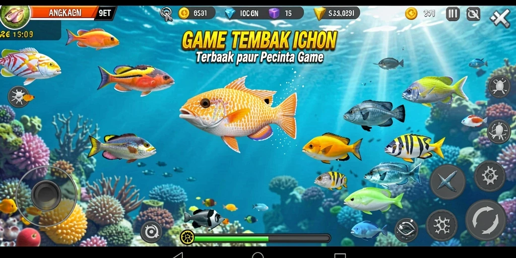 Gameplay seru 9ET dengan berbagai ikan menunggu untuk ditembak.