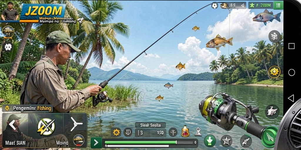 Tampilan gameplay seru saat memancing di <strong>J200M</strong>.