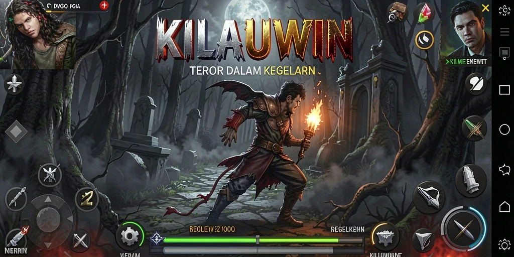 Tampilan gameplay menyeramkan dari KILAUWIN dengan suasana gelap.