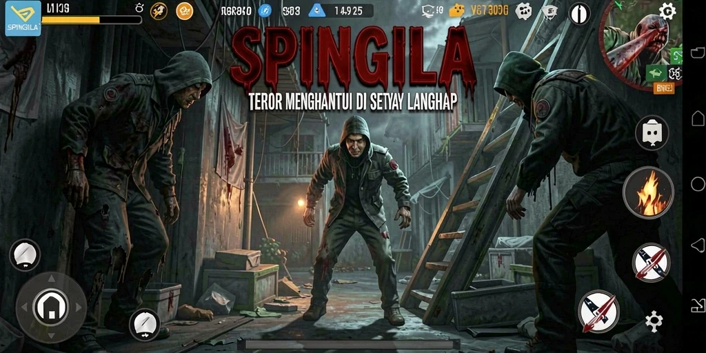 Tangkapan layar gameplay SPINGILA dengan suasana mencekam yang menakutkan.